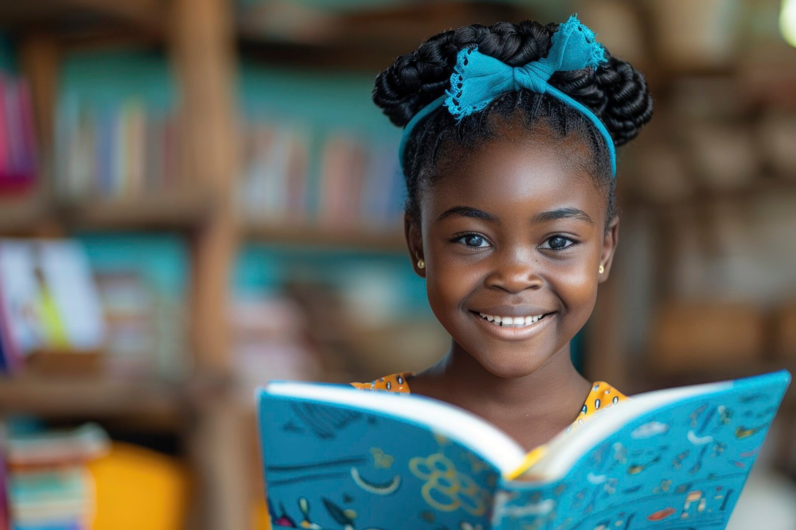 a happy African girl read book, in the style of joyful and optimistic, Professional advertising product photography --chaos 10 --ar 3:2 --stylize 250 Job ID: 14a72070-b406-4ae3-8d2e-a580d0f8d77c